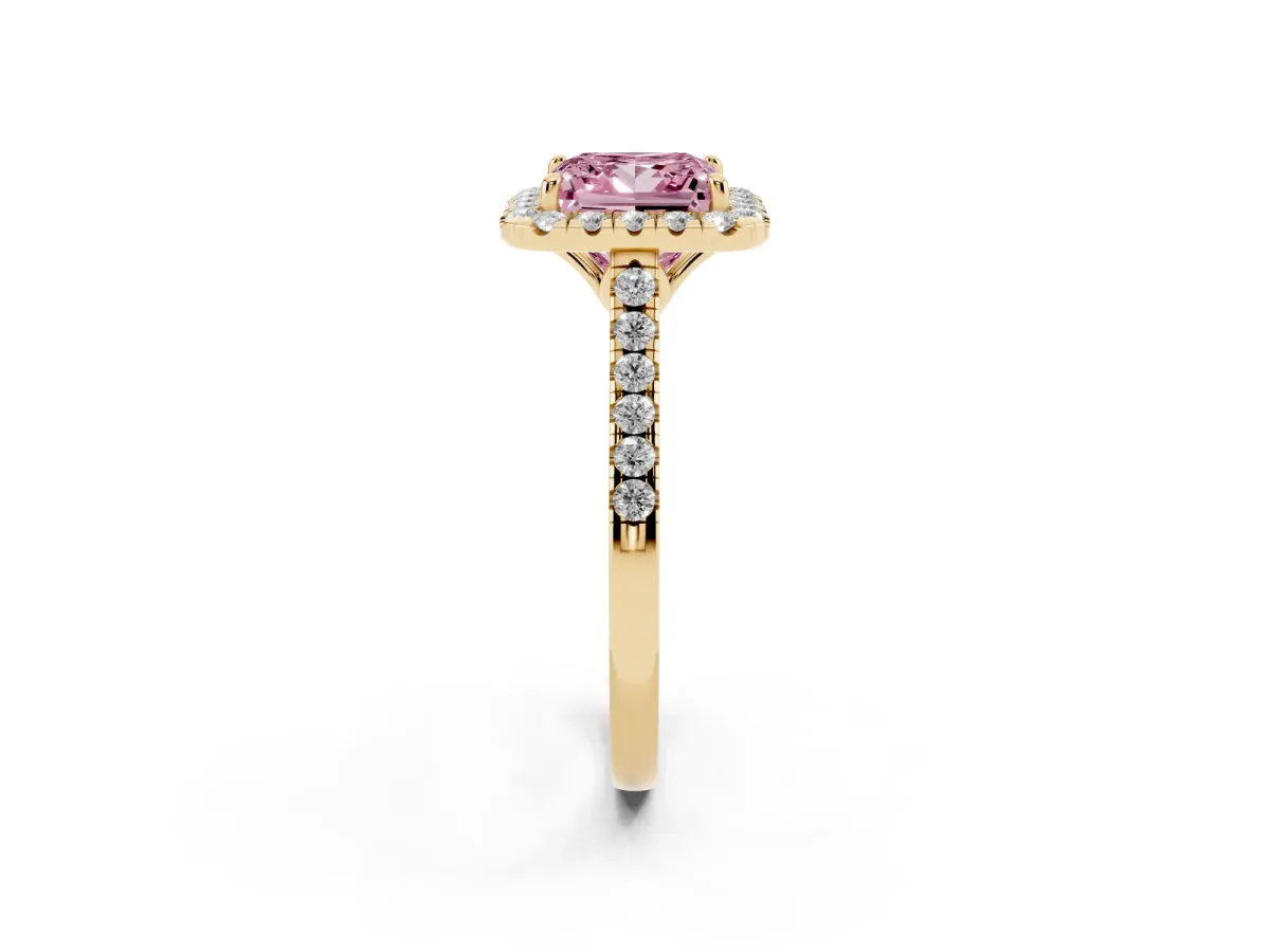Fancy Pink Princess Cut Halo Pavé Diamond Engagement Ring with Four-Prong Setting Yellow gold