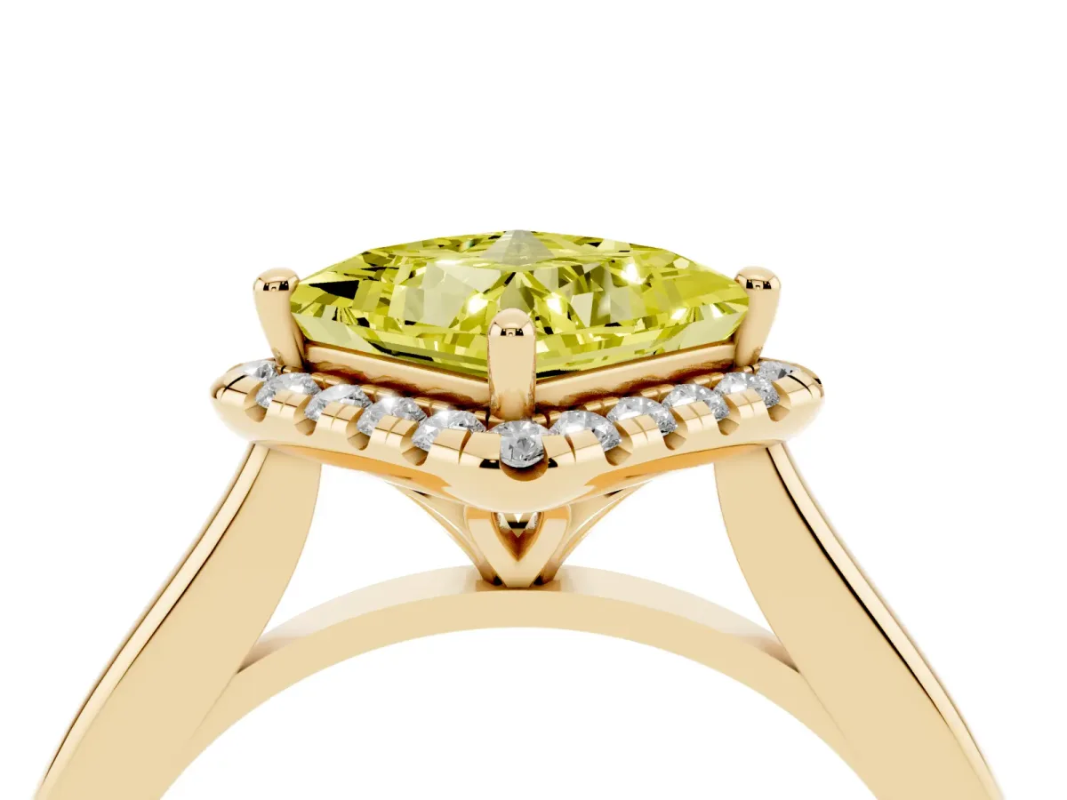 Fancy Yellow Princess Cut Halo Round Diamond Solitaire Engagement Ring with Pave Band and Four-Prong Setting Yellow gold