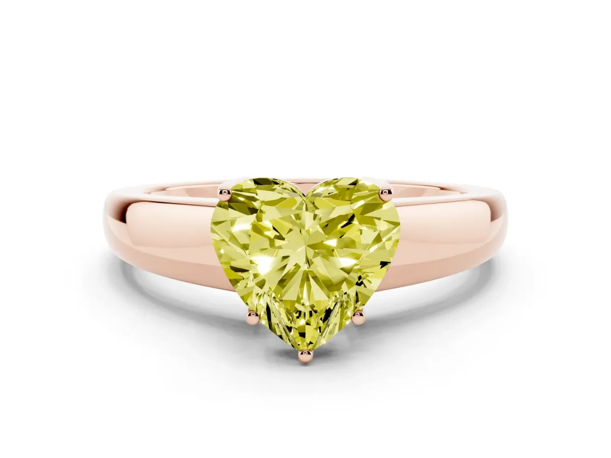 Fancy Yellow Heart Cut Solitaire Diamond Ring with Tapered Band and Four-Prong Setting Rose gold