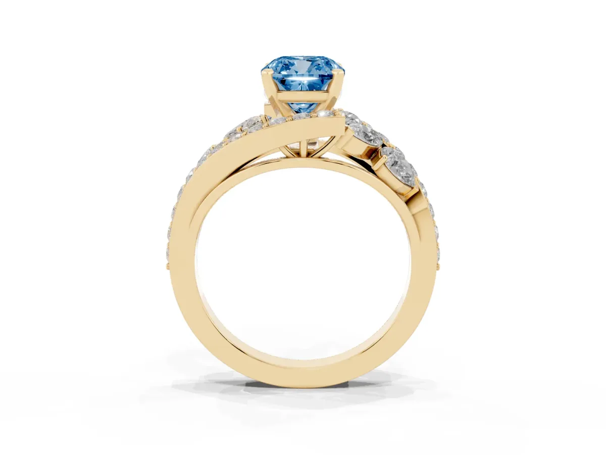 Fancy Blue Cushion Cut Diamond Halo Ring with Marquise and Pavé Band in Prong Setting Yellow gold