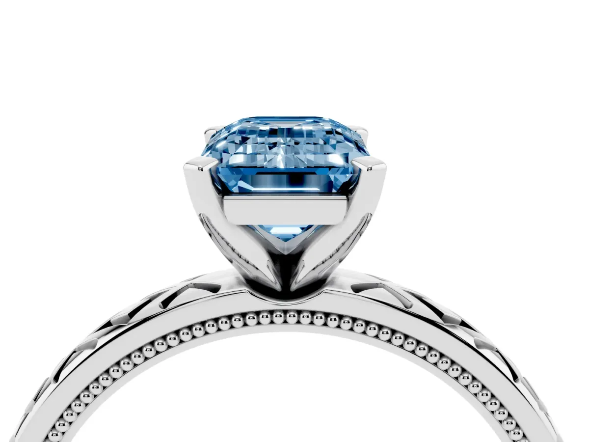 Fancy Blue Emerald Cut Solitaire Diamond Ring with Milgrain and Black Enamel X Pattern Band Silver