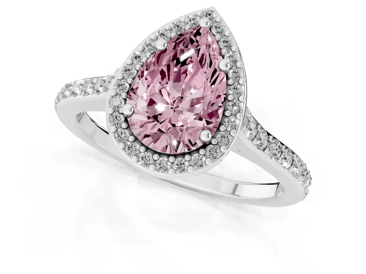 Fancy Pink Pear Cut Diamond Halo Engagement Ring with Round Pavé Shoulders and Prong Setting White gold