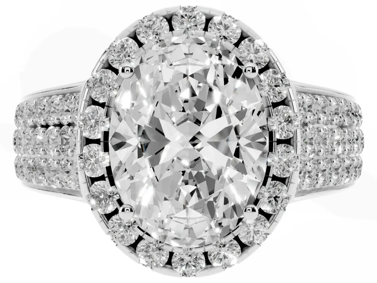 Oval Cut Halo Round Diamond Pave Band with Prong Setting White gold