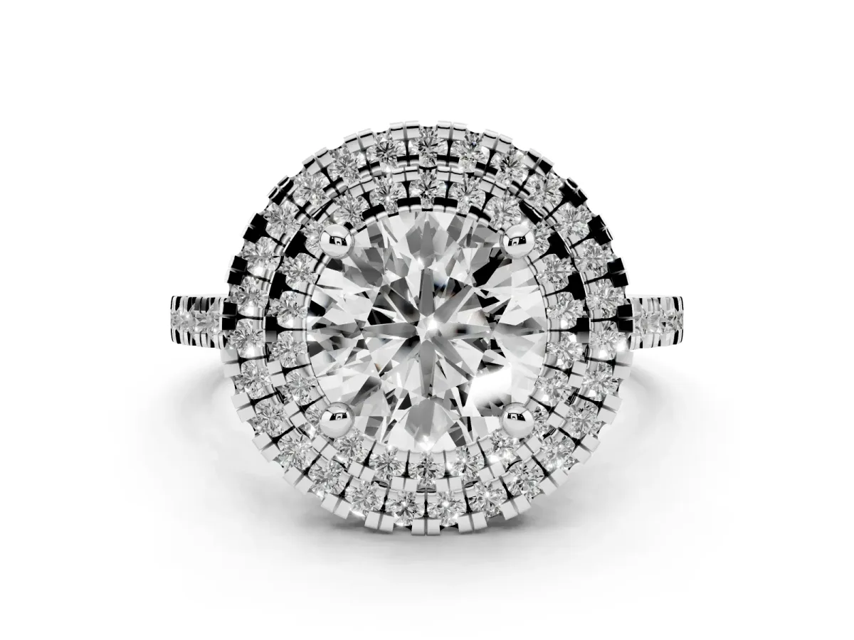 Double Halo Round Cut Diamond Pavé Band with Four-Prong Setting Silver