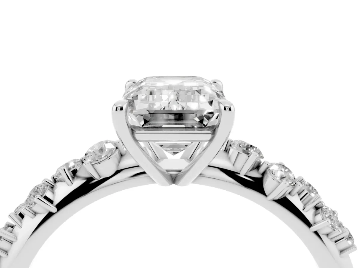 Emerald Cut Diamond Cluster Side Stone Solitaire Ring with Prong Setting Platinum