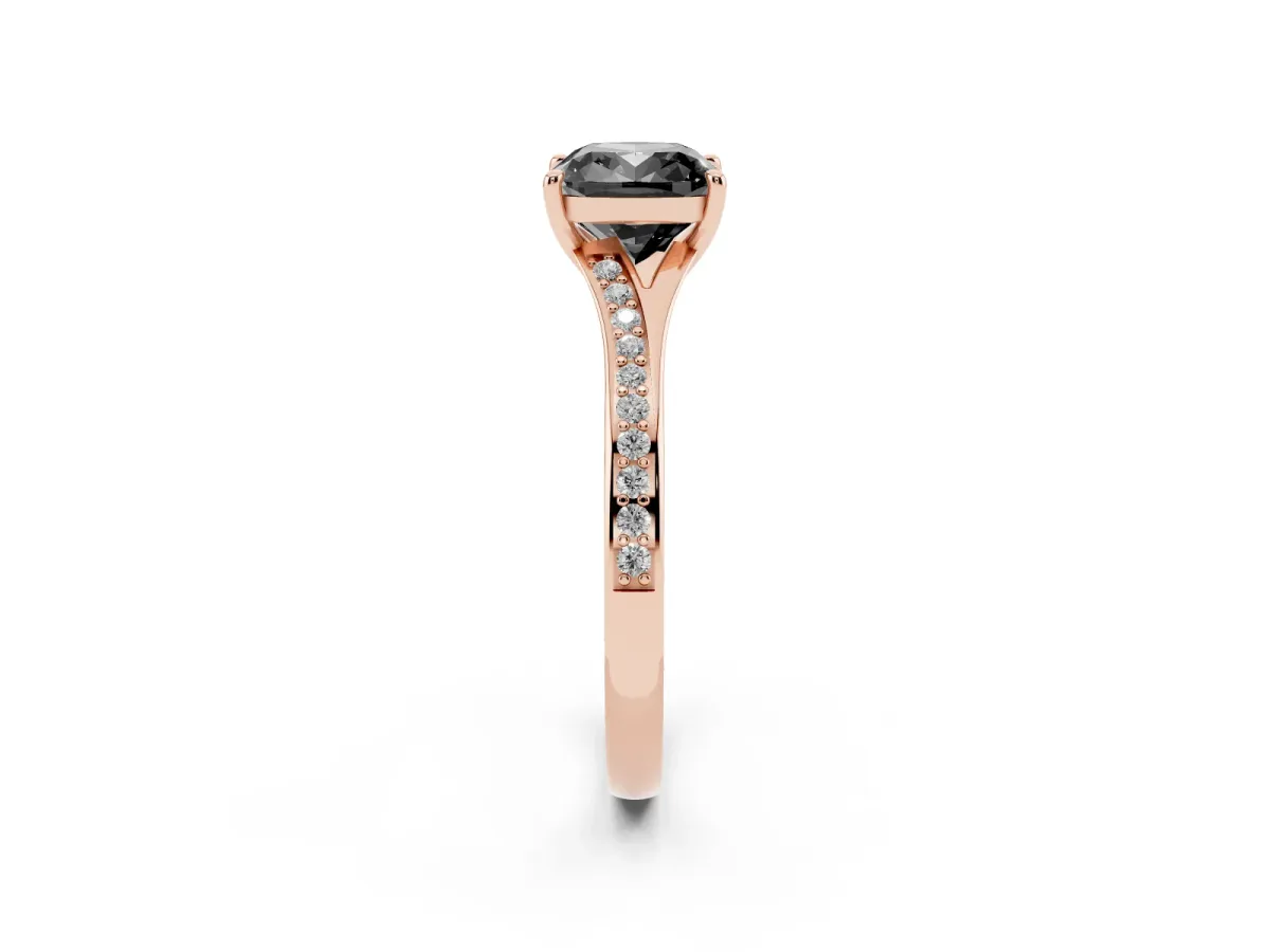 Fancy Black Cushion Cut Diamond Solitaire Ring with Pavé Band and Prong Setting Rose gold