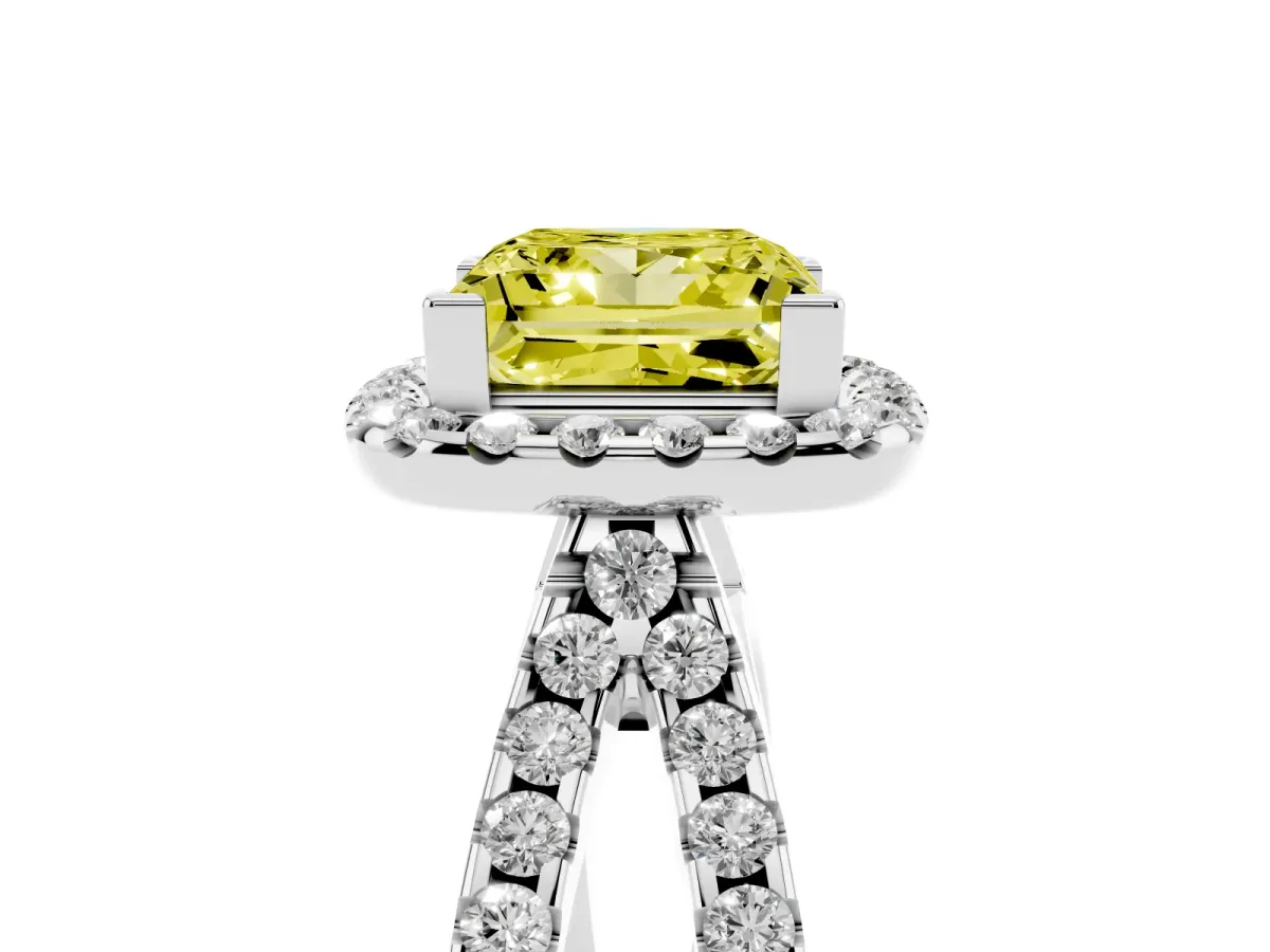 Fancy Yellow Princess Cut Diamond Halo Ring with Split Shank Pavé Band and Prong Setting White gold