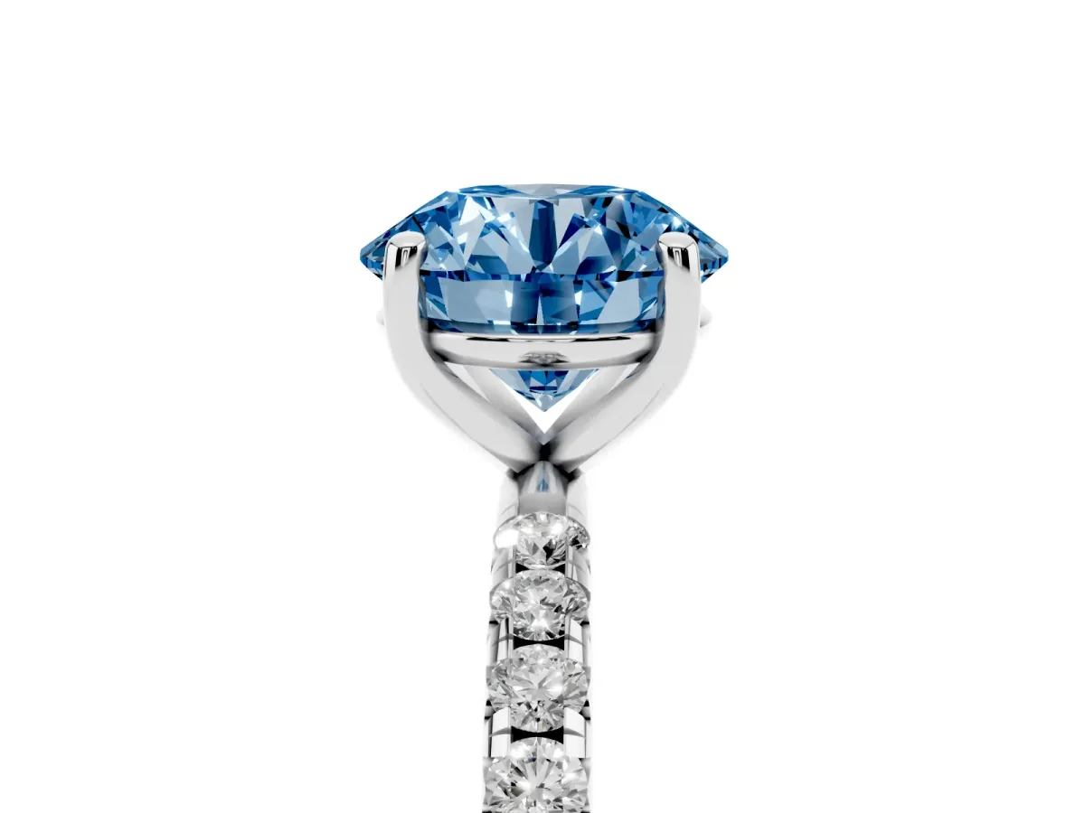 Fancy Blue Round Cut Cut Diamond Solitaire Ring with Micro Pave Band and Four Prong Setting Platinum