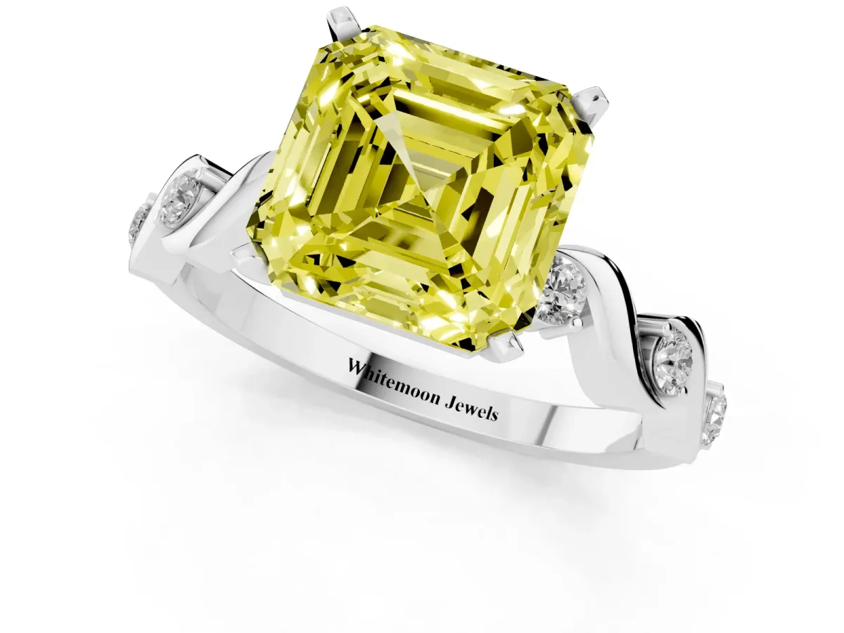 Fancy Yellow Asscher Cut Diamond Solitaire Twisted Band with Round Accents and Prong Setting Platinum