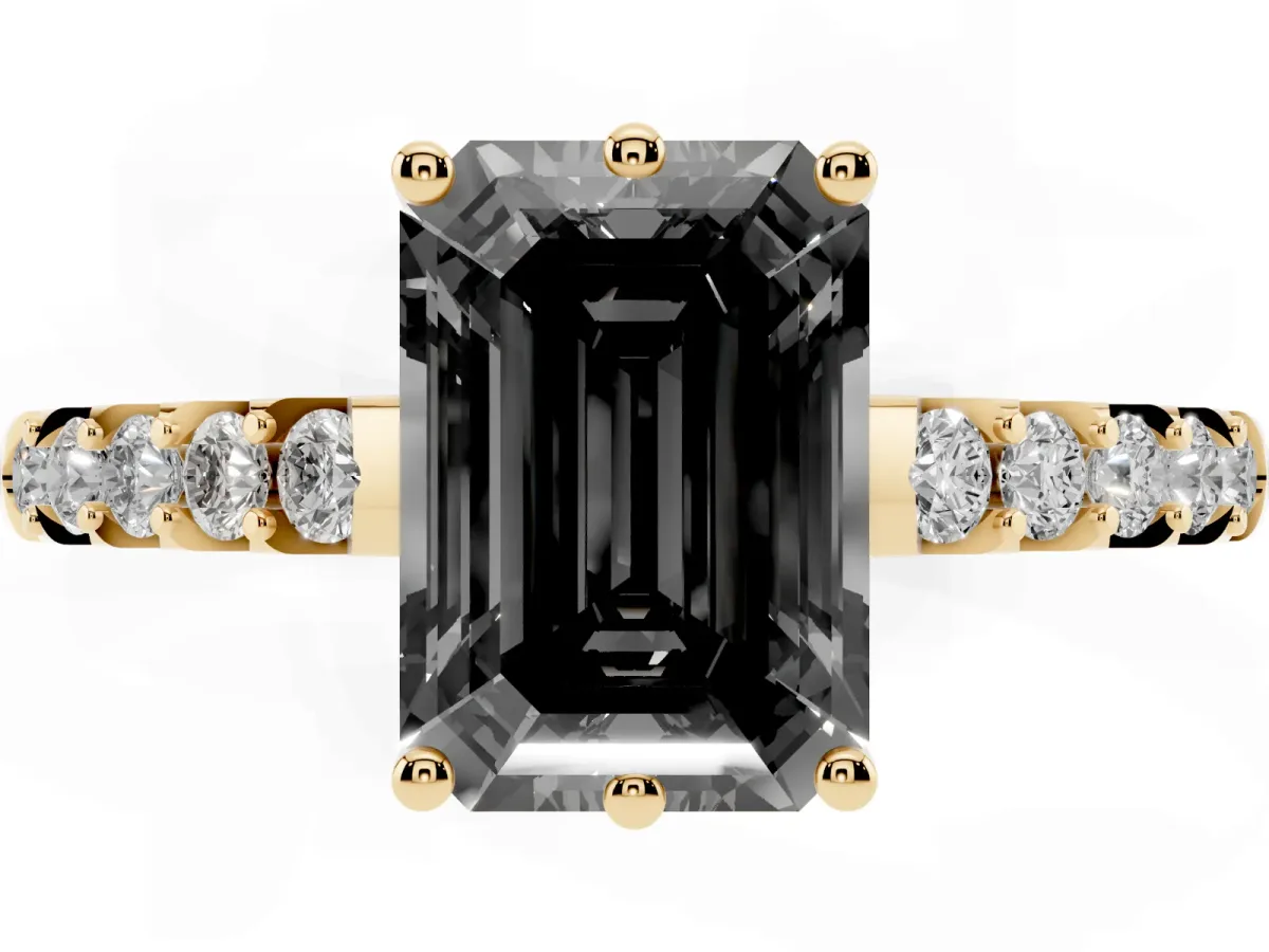 Fancy Black Emerald Cut Solitaire Diamond Engagement Ring with Pavé Band and Six-Prong Setting Yellow gold