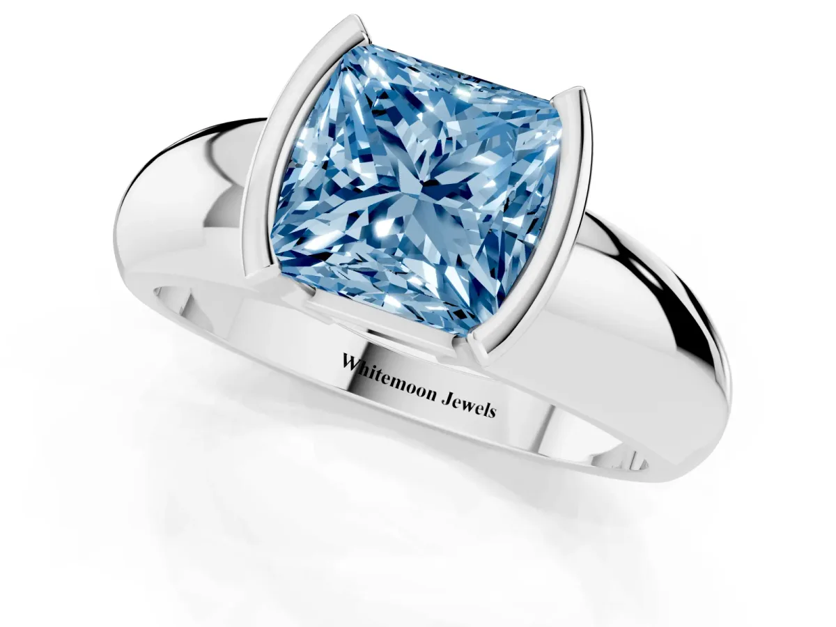 Fancy Blue Princess Cut Solitaire Tension Set Diamond Ring with Wide Band Silver