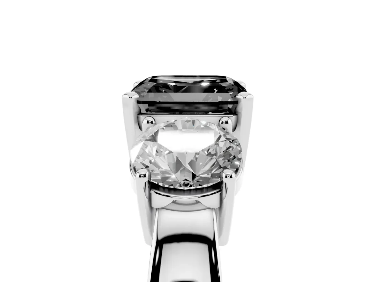 Fancy Black Three-Stone Asscher Cut Diamond Ring with Round Side Stones, Classic Band, and Four-Prong Setting Platinum