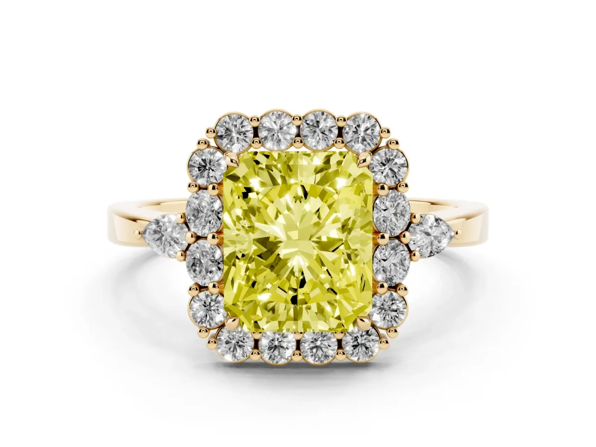 Fancy Yellow Radiant Cut Diamond Halo Ring with Pear Side Stones and Prong Setting Yellow gold
