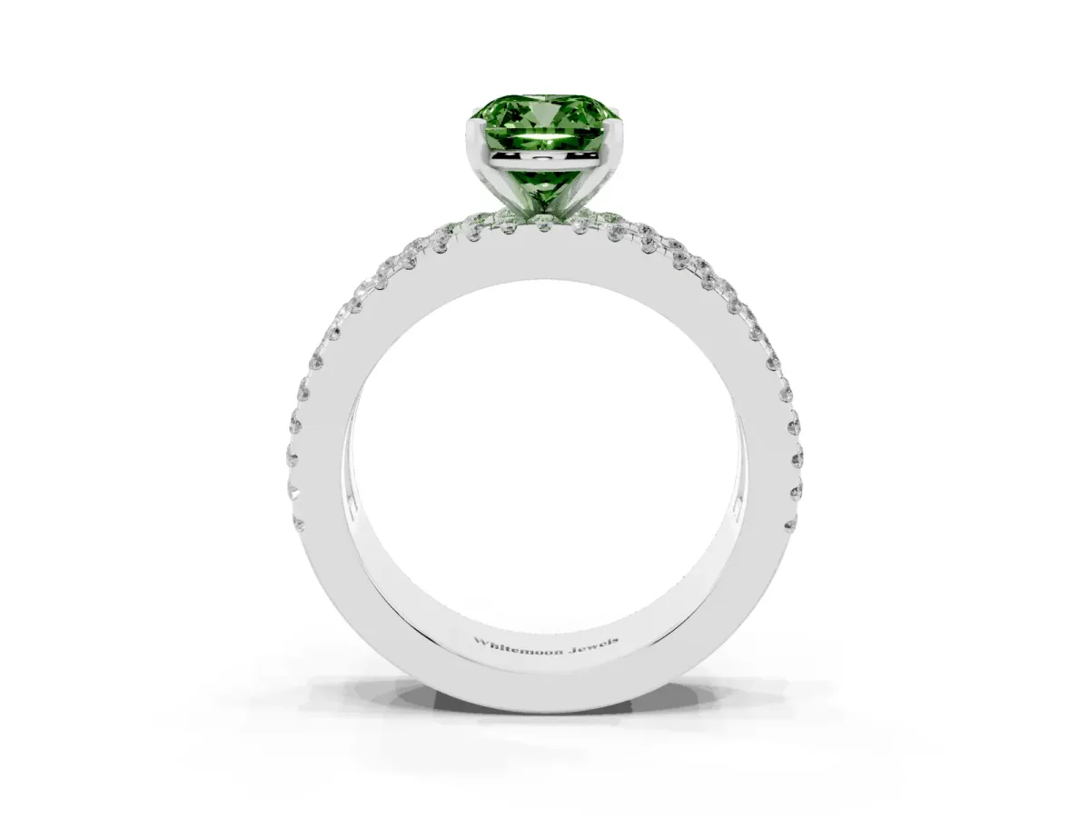 Fancy Green Cushion Cut Diamond Solitaire Ring with Pavé and Channel Set Band Platinum