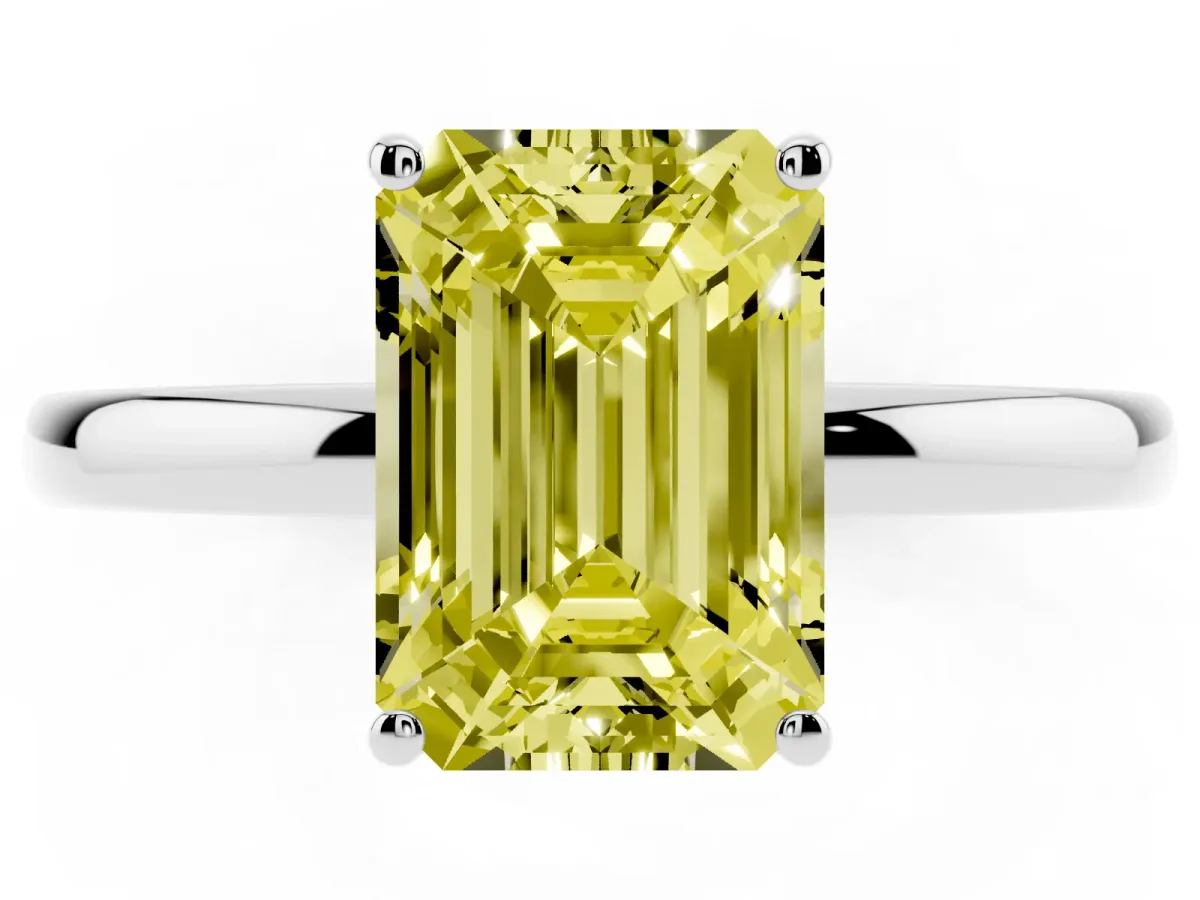 Fancy Yellow Emerald Cut Solitaire Diamond Ring with Prong Setting and Plain Band Silver