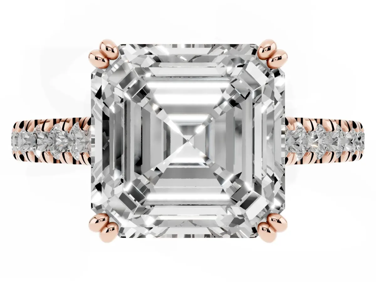 Asscher Cut Solitaire Pave Diamond Engagement Ring with Prong Setting Rose gold