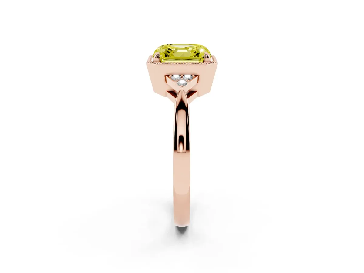 Fancy Yellow Asscher Cut Diamond Halo Ring with Tapered Band and Four-Prong Setting Rose gold