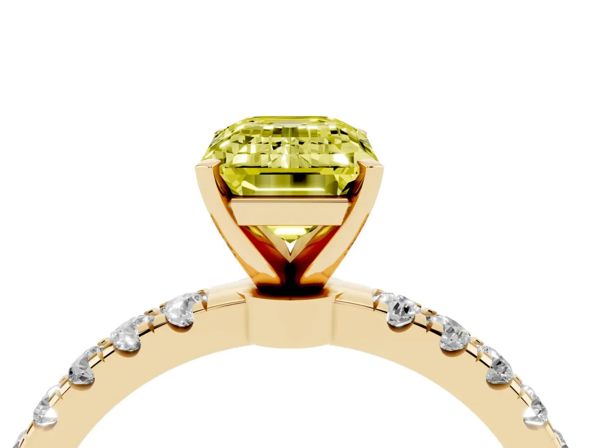 Fancy Yellow Emerald Cut Diamond Solitaire Ring with Pavé Accents and Four-Prong Setting Yellow gold
