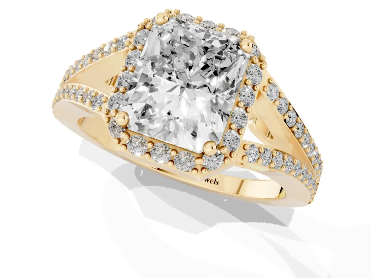 Radiant Cut Halo Split Shank Diamond Ring with Prong Setting Yellow gold