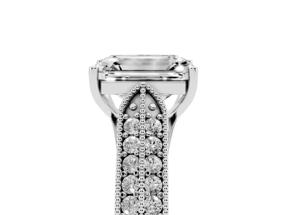 Emerald Cut Cut Pave Split Shank Engagement Ring with Four-Prong Setting Silver
