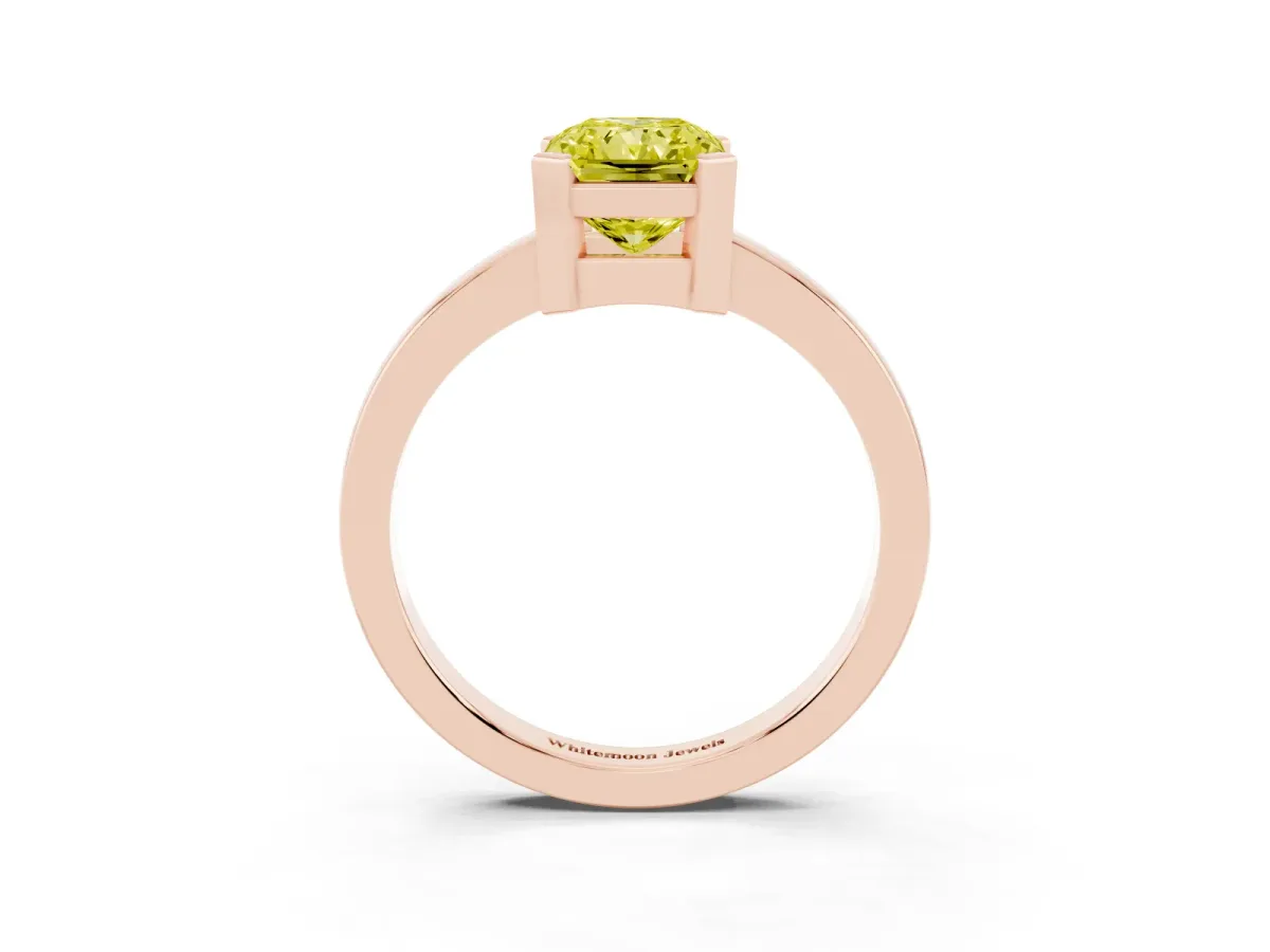 Fancy Yellow Radiant Cut Cut Solitaire Ring with Four-Prong Setting and Classic Band Rose gold