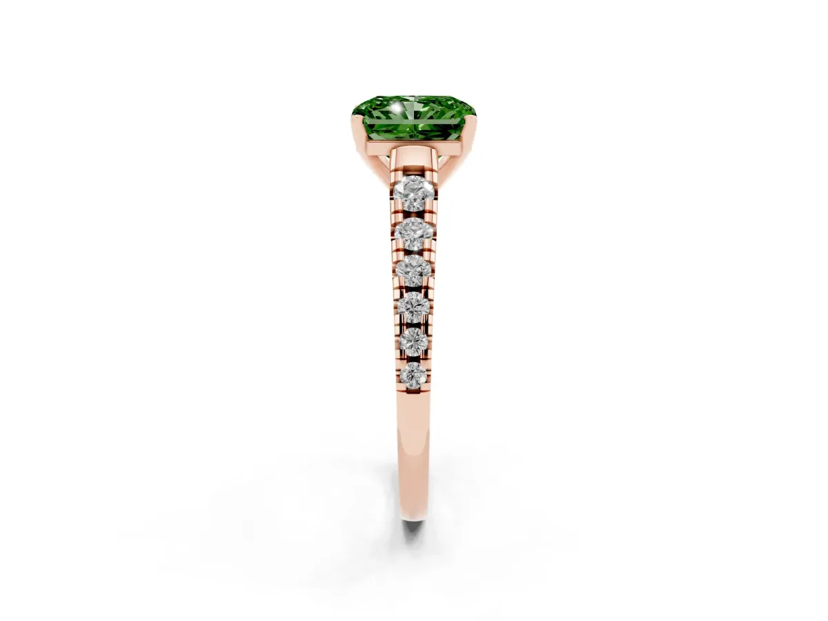 Fancy Green Radiant Cut Diamond Cathedral Solitaire Ring with Round Pavé Band Rose gold