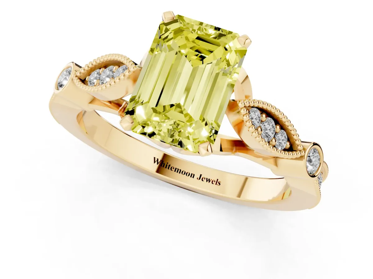 Fancy Yellow Emerald Cut Cut Diamond with Milgrain Marquise and Bezel Accents on a Solitaire Band with Prong Setting Yellow gold