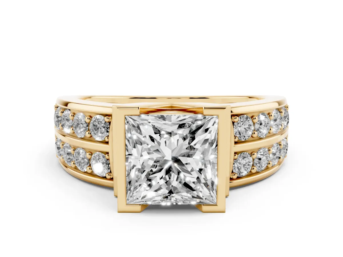 Princess Cut Brilliant Diamond Channel Set Wide Band Ring with Bezel Setting Yellow gold