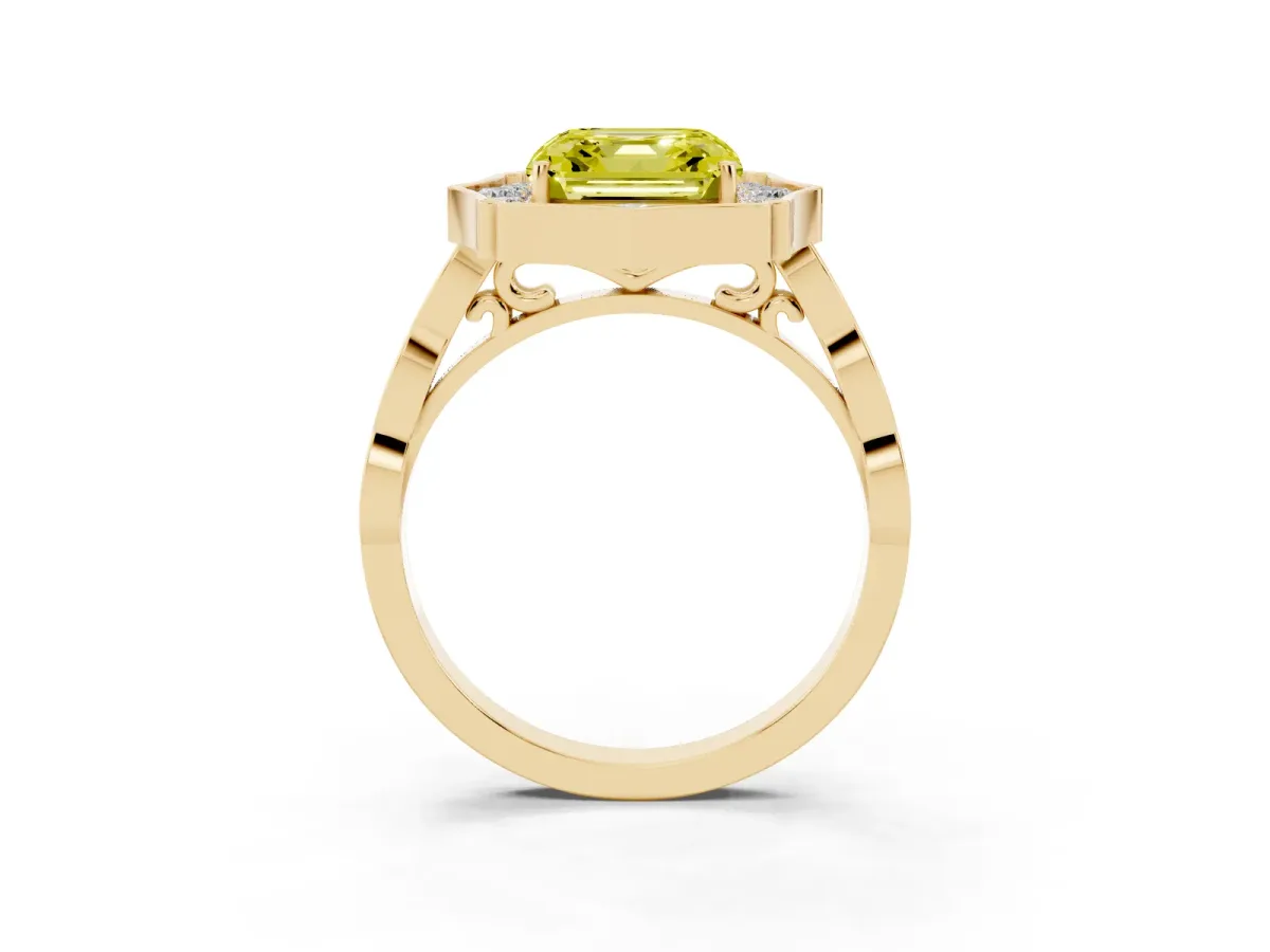 Fancy Yellow Asscher Cut Halo Diamond Engagement Ring with Milgrain Band and Four-Prong Setting Yellow gold