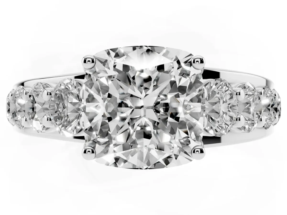 Cushion Cut Diamond Engagement Ring with Pavé Band and Four-Prong Setting Silver