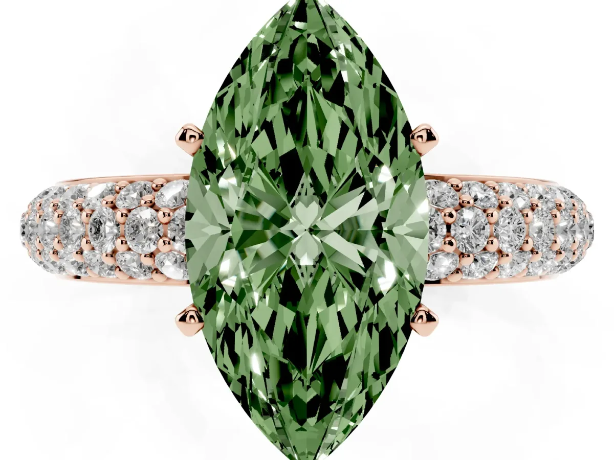 Fancy Green Marquise Cut Diamond Solitaire Ring with Prong Setting and Pavé Band Rose gold