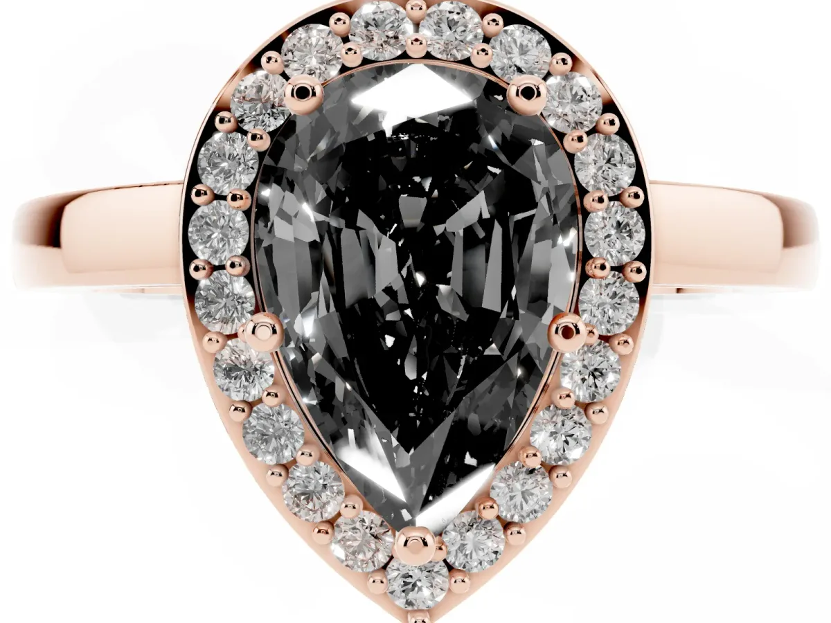 Fancy Black Pear Cut Halo Diamond Ring with Solitaire Band and Prong Setting Rose gold