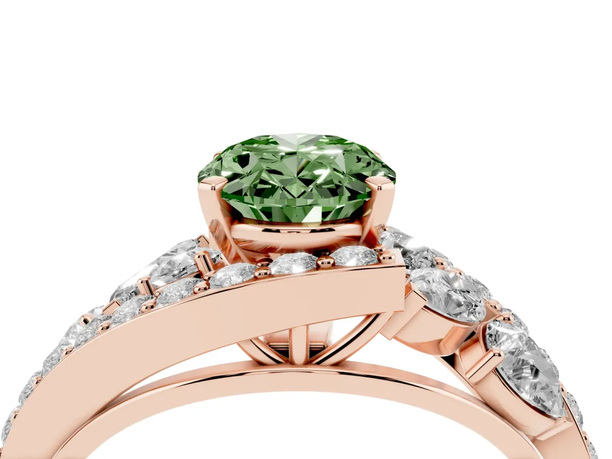 Fancy Green Oval Cut Diamond Halo Ring with Marquise and Pavé Band in Prong Setting Rose gold