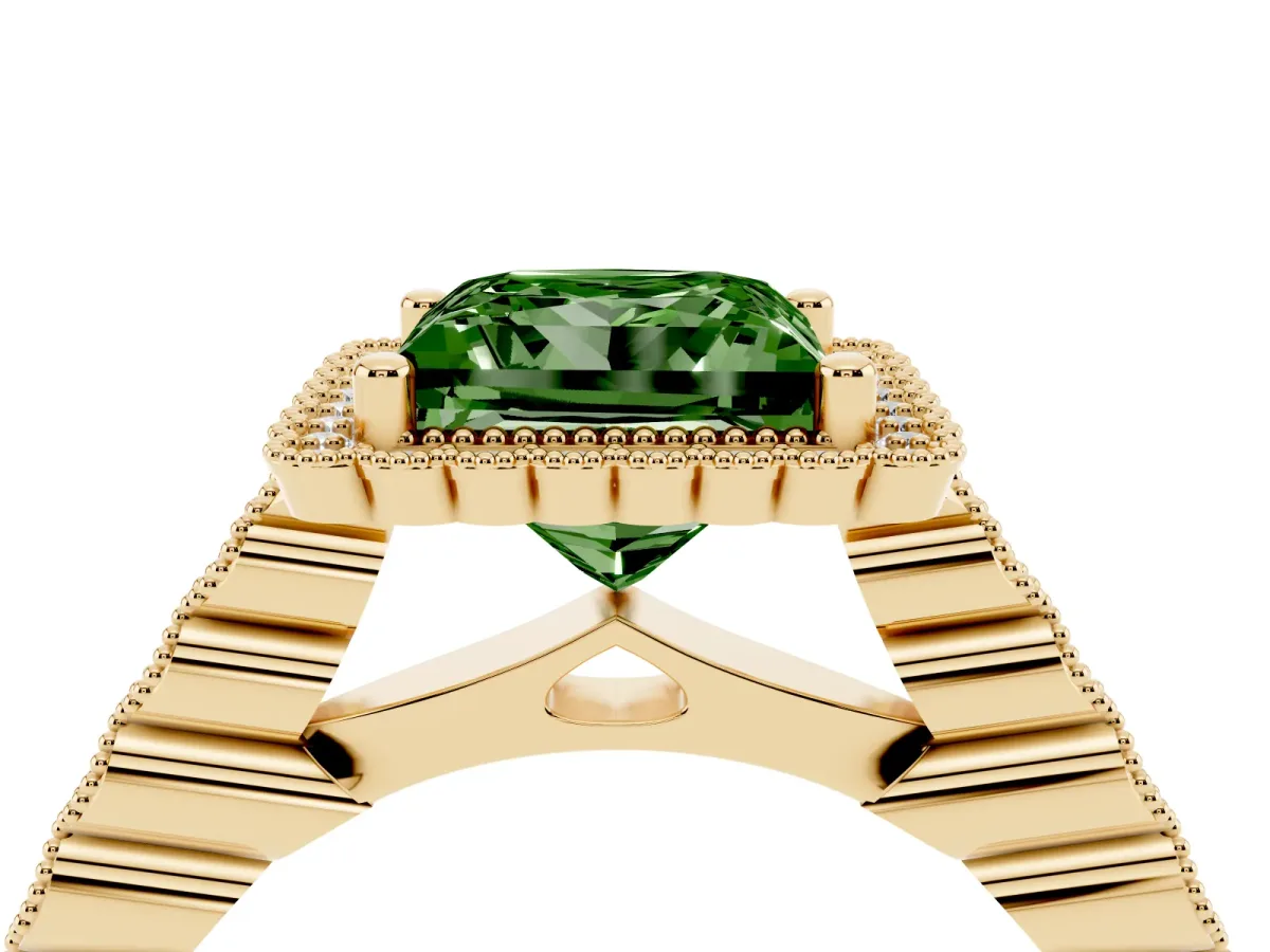 Fancy Green Princess Cut Cut Halo Pavé Solitaire Ring with Milgrain Band Yellow gold