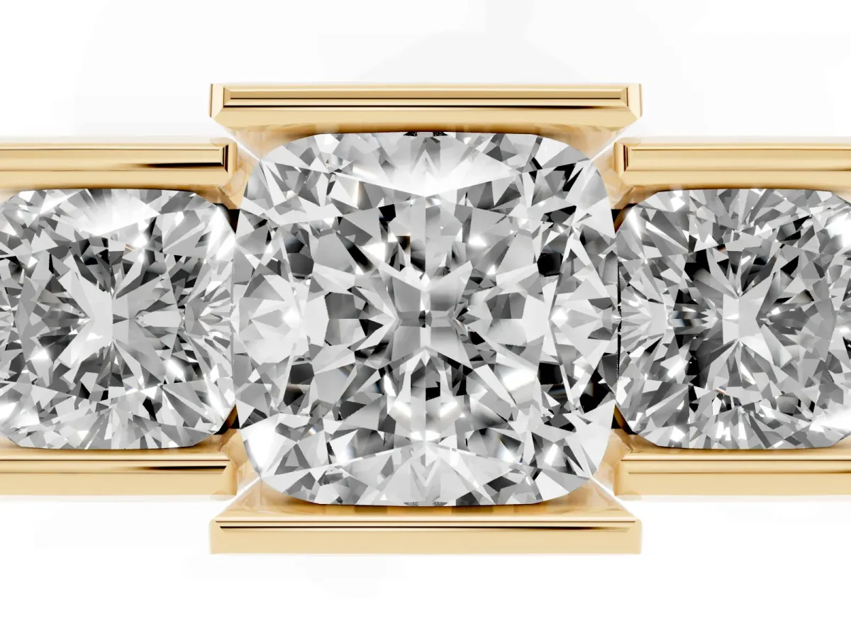 Three Stone Cushion Cut Cut Channel Set Diamond Ring Yellow gold