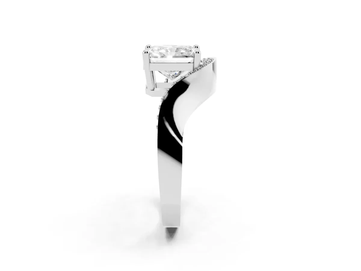 Radiant Cut Solitaire Diamond Engagement Ring with Pave Band and Four-Prong Setting Silver