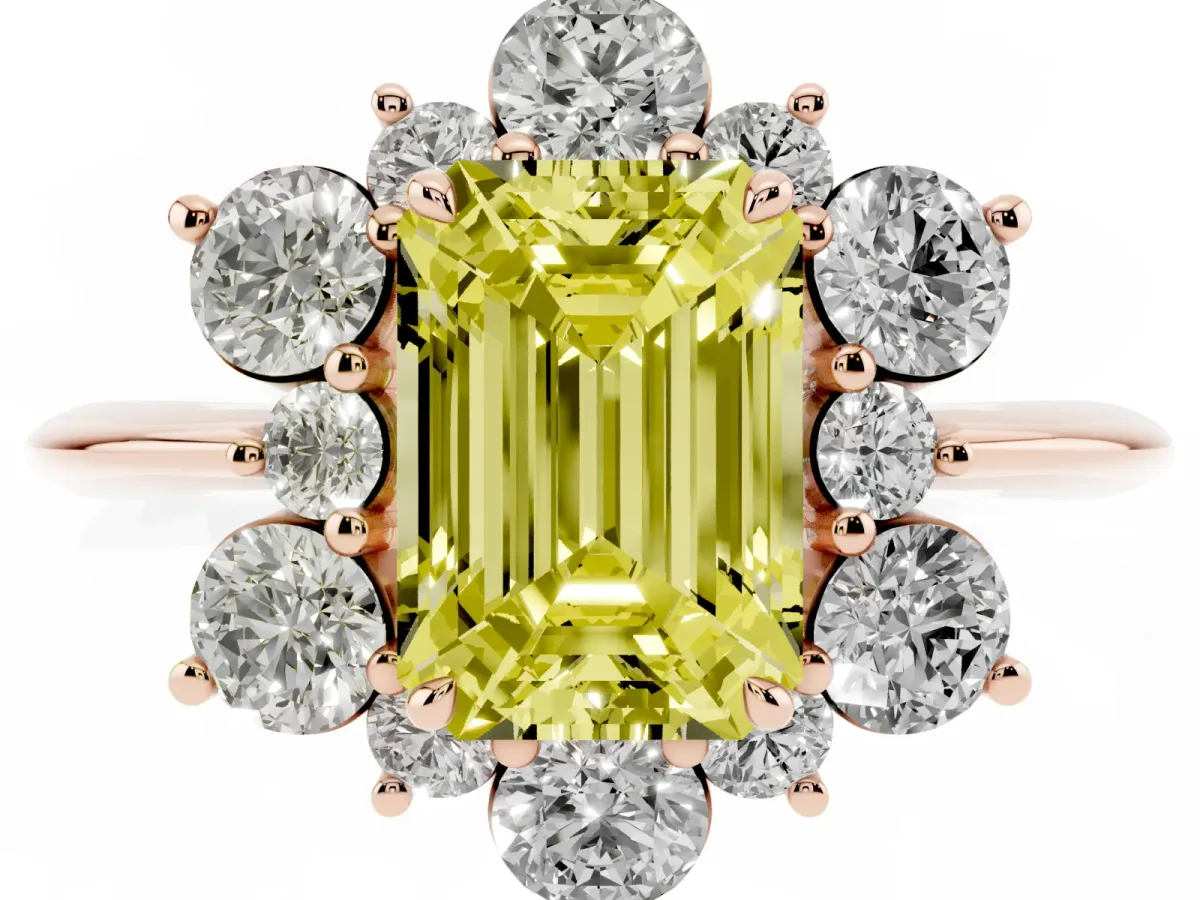 Fancy Yellow Emerald Cut Diamond Cluster Halo Ring with Solitaire Band and Four-Prong Setting Rose gold
