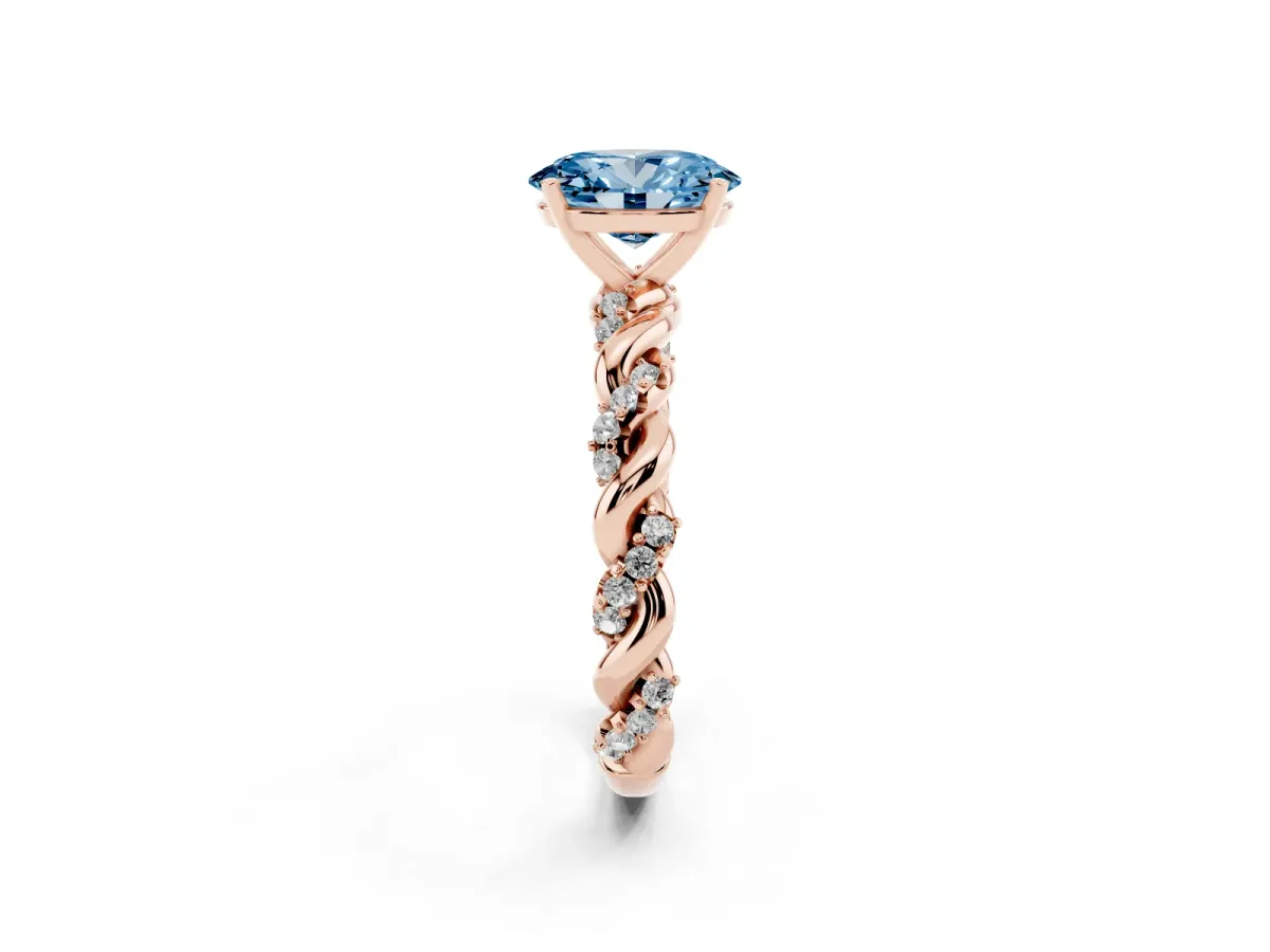 Fancy Blue Oval Cut Diamond Solitaire Ring with Twisted Band and Pavé Accents Rose gold