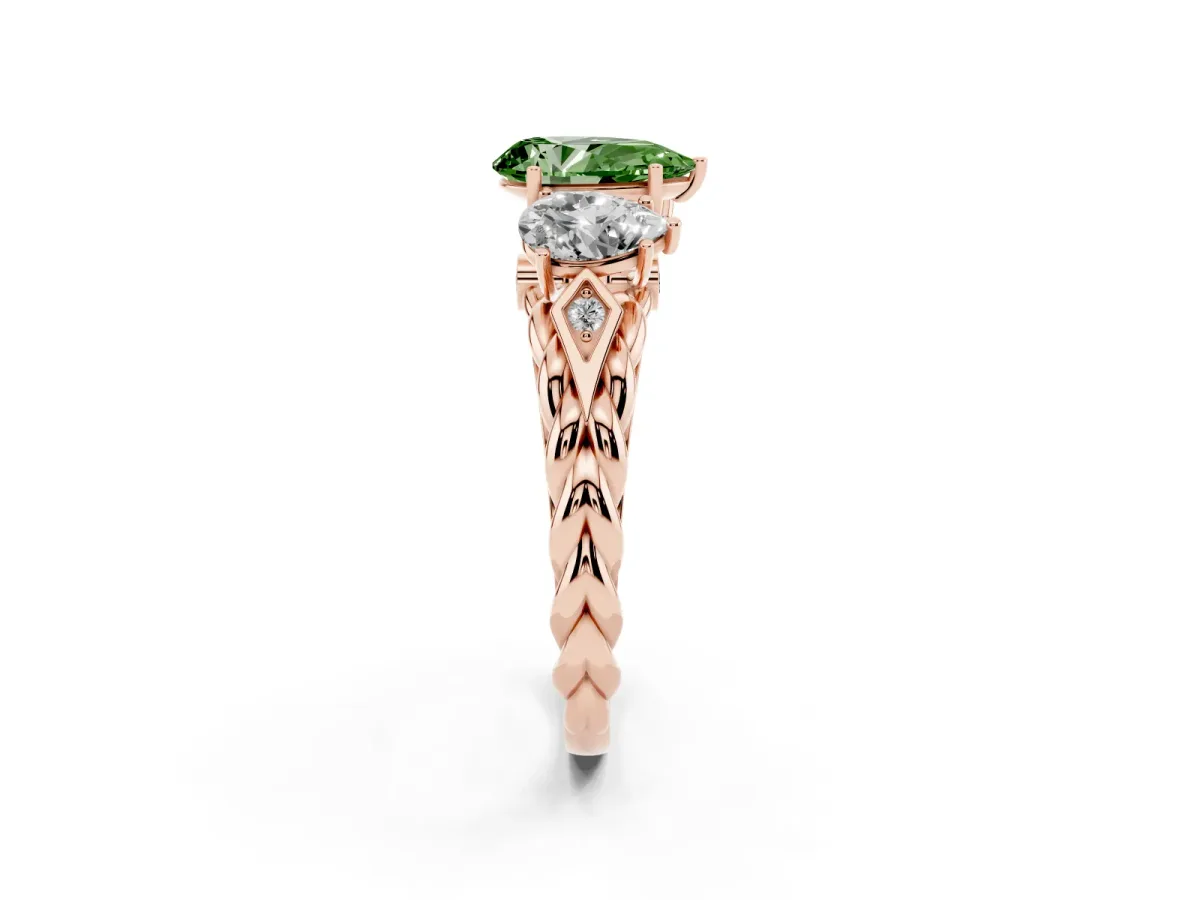 Fancy Green Three-Stone Pear Cut Diamond Braided Band Ring with Four-Prong Setting Rose gold