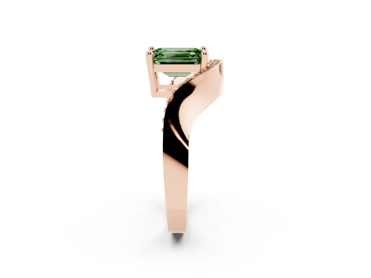 Fancy Green Emerald Cut Solitaire Diamond Engagement Ring with Pave Band and Four-Prong Setting Rose gold