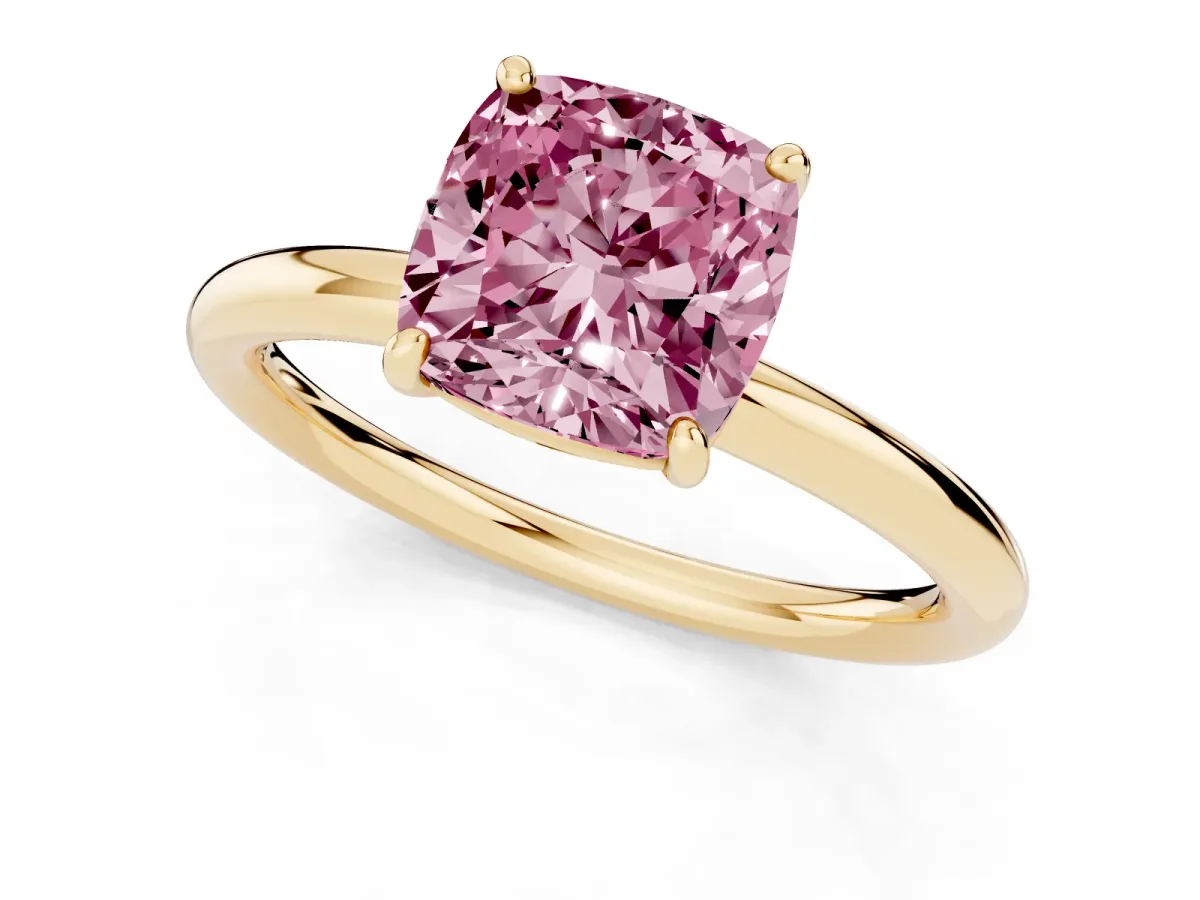 Fancy Pink Cushion Cut Solitaire Diamond Ring with Four-Prong Setting on a Plain Band Yellow gold