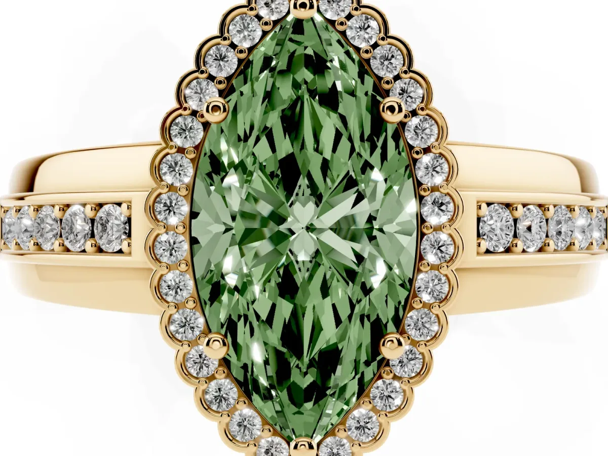 Fancy Green Marquise Cut Cut Halo Pave Band Four-Prong Ring Yellow gold
