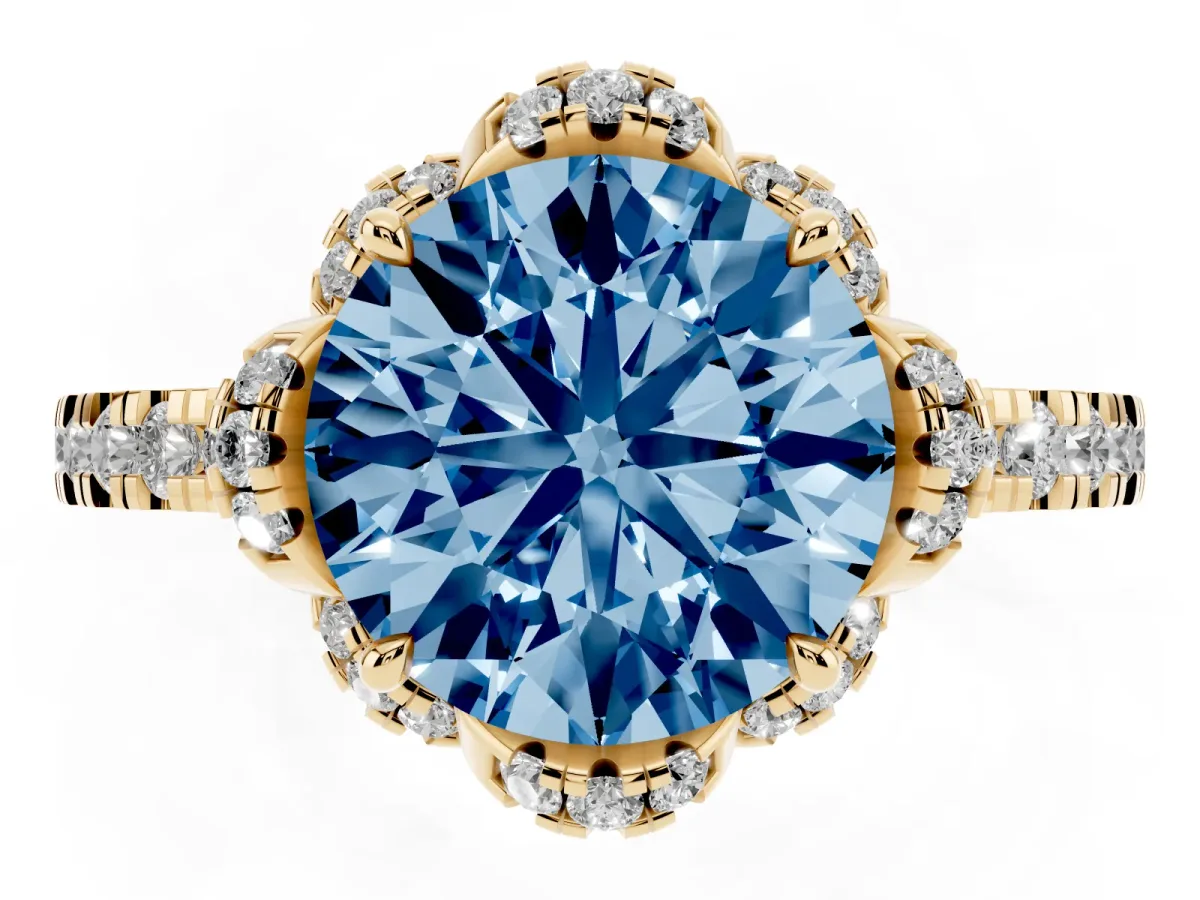 Fancy Blue Round Cut Halo Diamond Pave Band Ring with Four-Prong Setting Yellow gold