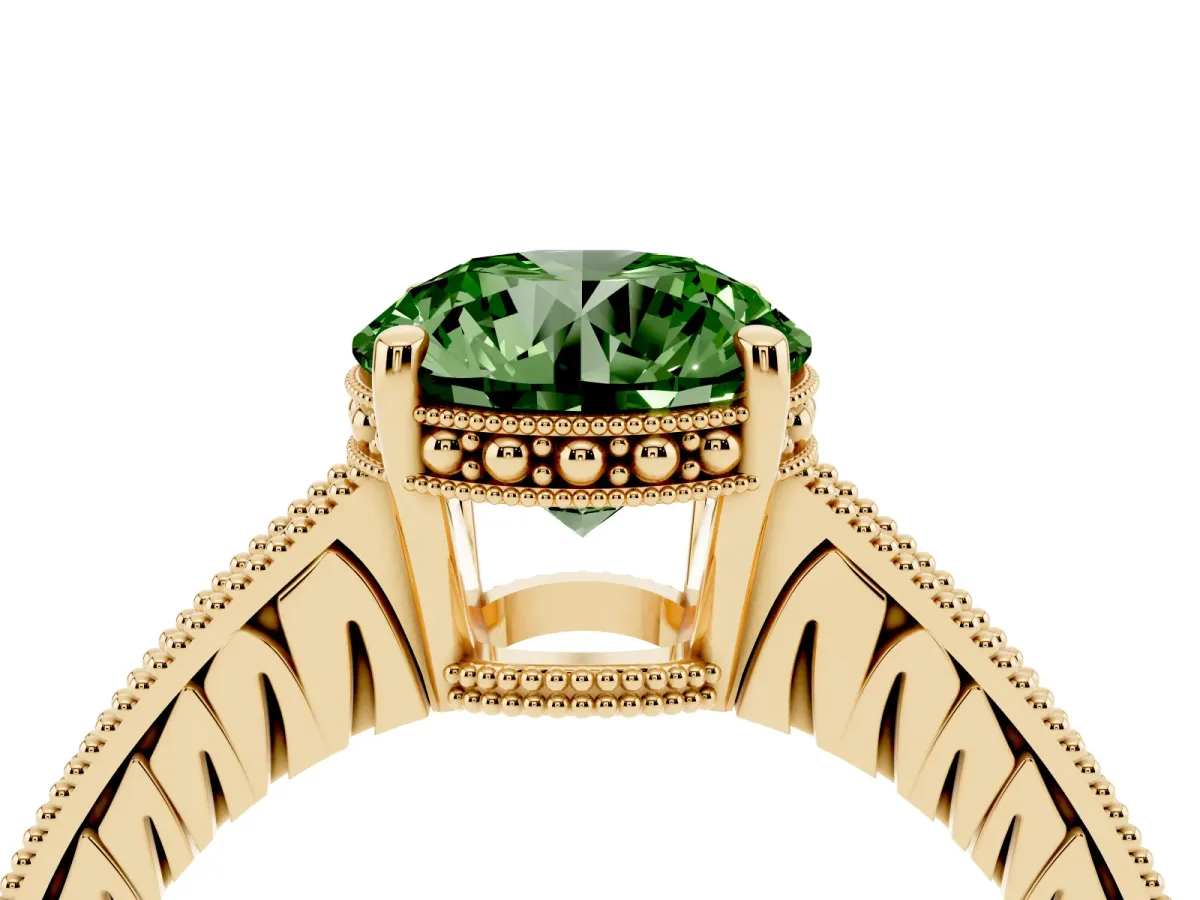 Fancy Green Round Cut Solitaire Pavé Diamond Milgrain Engagement Ring with Four-Prong Setting Yellow gold