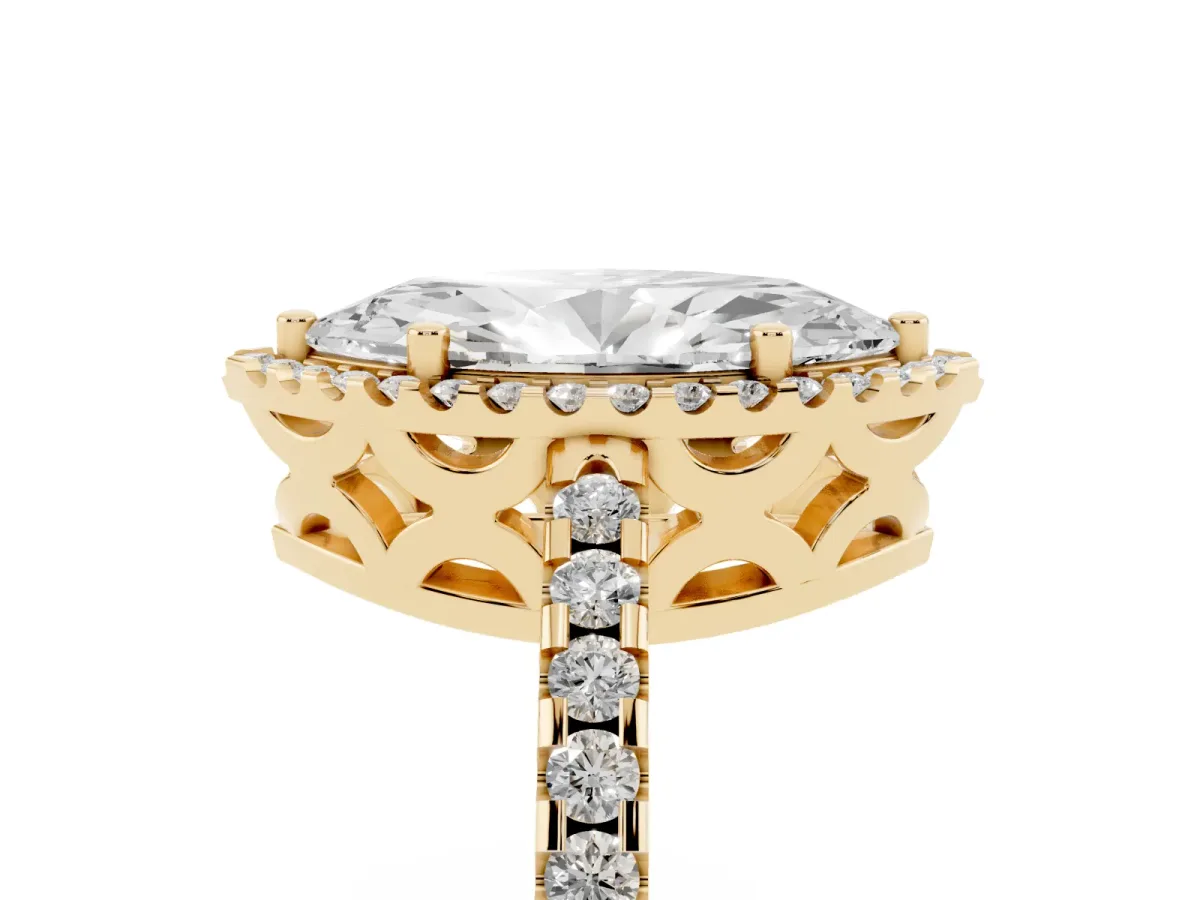 Marquise Cut Diamond Halo Engagement Ring with Pavé Band and Prong Setting Yellow gold