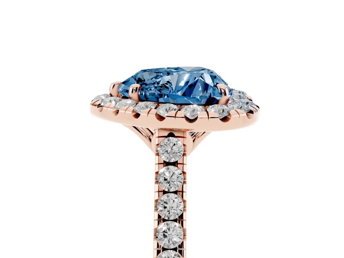 Fancy Blue Heart Cut Halo Pavé Diamond Engagement Ring with Four-Prong Setting Rose gold