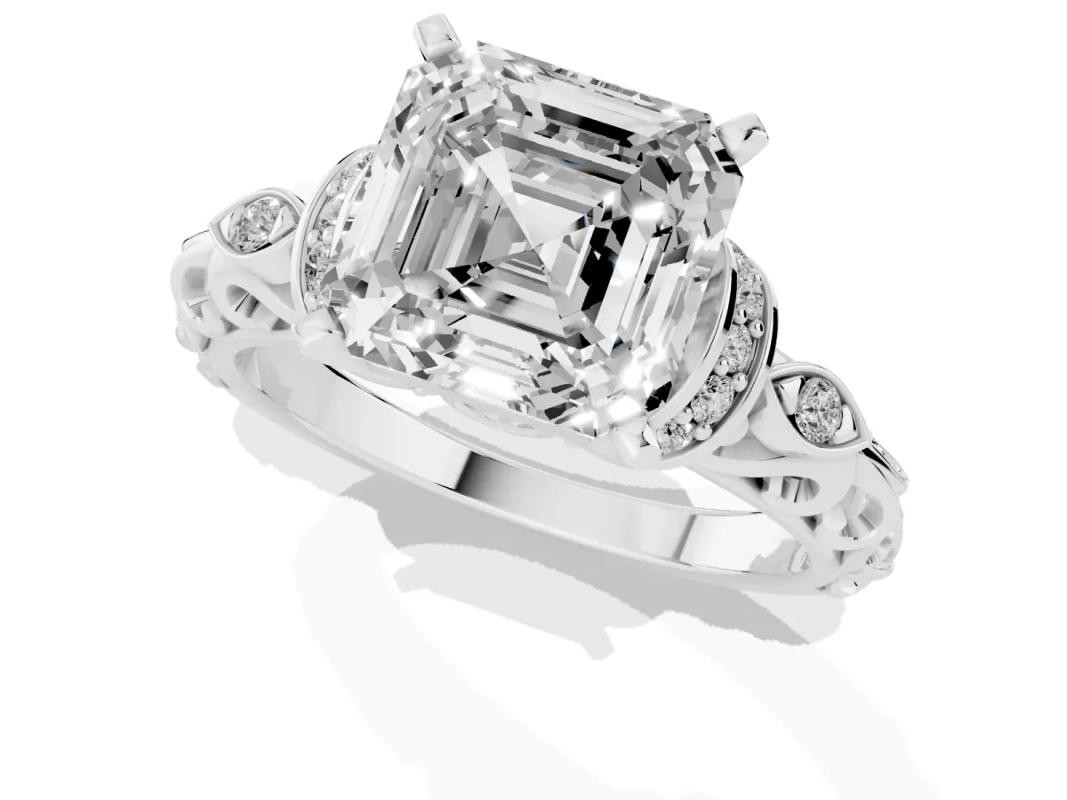 Asscher Cut Diamond Solitaire Ring with Filigree Band and Four-Prong Setting Silver