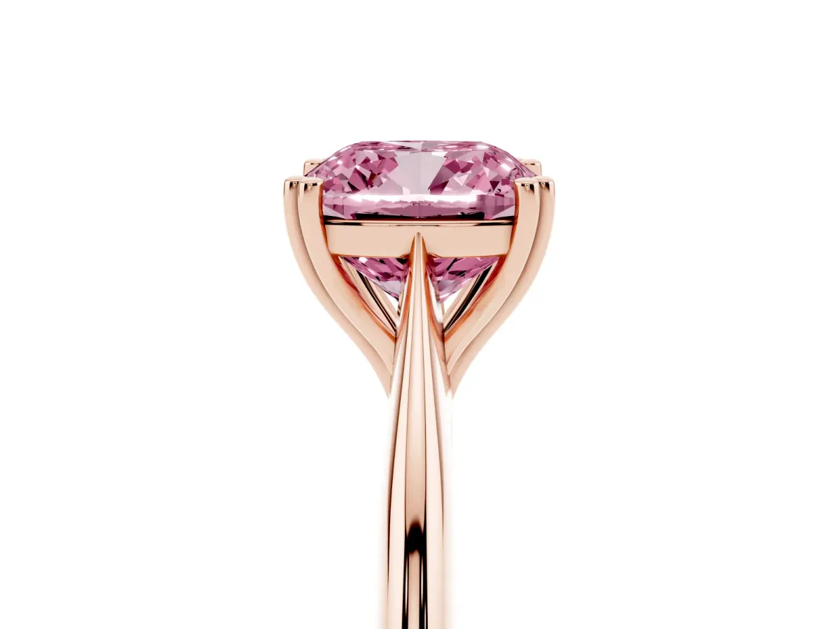 Fancy Pink Cushion Cut Solitaire Diamond Ring with Six-Prong Setting and Classic Band Rose gold