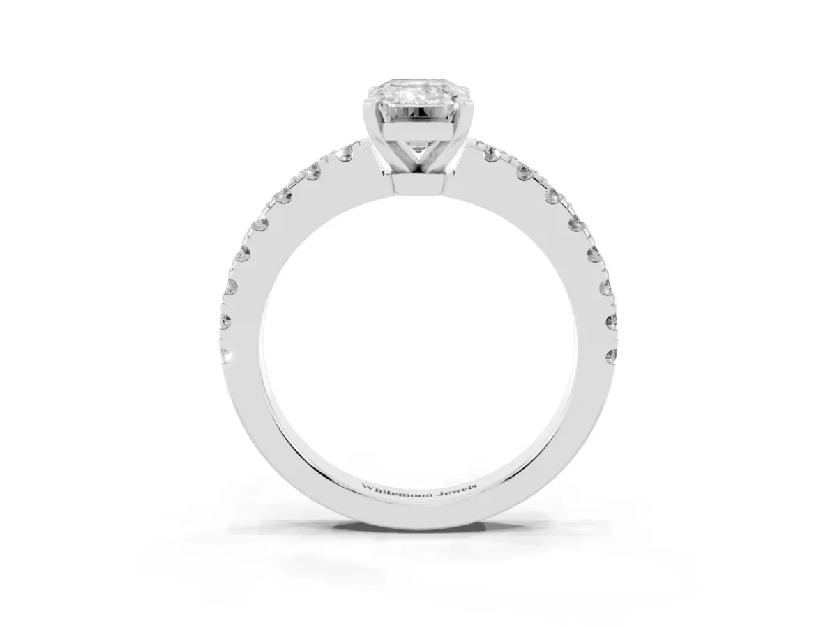 Emerald Cut Solitaire Diamond with Pavé Band and Four-Prong Setting Silver