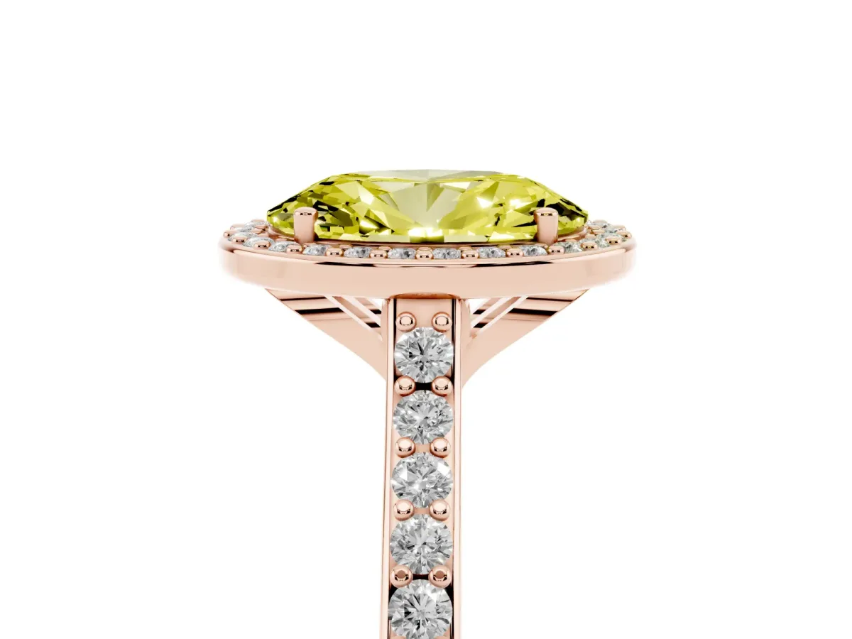 Fancy Yellow Oval Cut Diamond Halo Engagement Ring with Round Pavé Shoulders and Prong Setting Rose gold